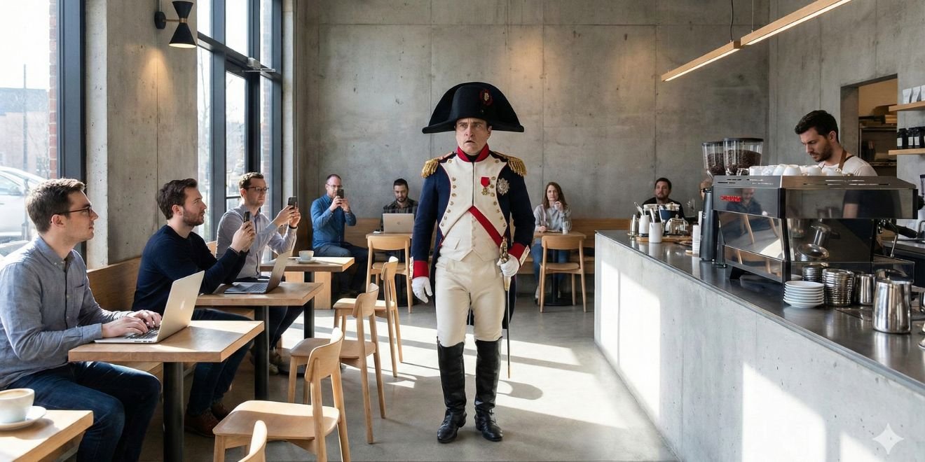 Foto KI Nano Banana: Ein wie Napoleon kostümierter Mann betritt ein Café der Gegenwart. An den Tischen sitzen Leute, die ihn mit dem Smartphone fotografieren