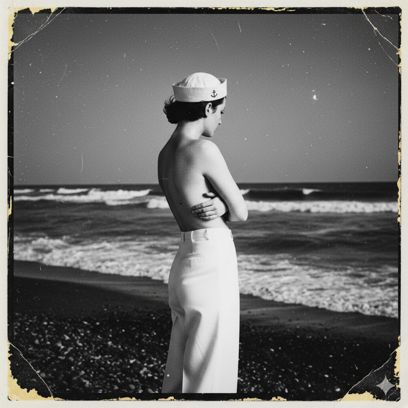 Schwarzweißfotografie im Vintage-Stil mit abgenutzten, vergilbten Rändern. Ein Kind steht mit dem Rücken zur Kamera am Meeresufer, oberkörperfrei, in weißer Hose und mit einer weißen Matrosenmütze mit Ankersymbol. Die Arme sind hinter dem Rücken verschränkt. Sanfte Wellen brechen am Strand, der Himmel ist dunkel und wolkenlos. Die gesamte Bildstimmung wirkt nostalgisch und nachdenklich, als blicke das Kind auf etwas Unbestimmtes am Horizont.​​​​​​​​​​​​​​​​