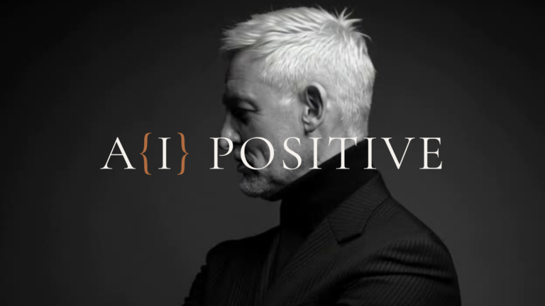 Black-and-white side profile of a man with short white hair, overlaid with the text 'ALL POSITIVE' in large serif letters.